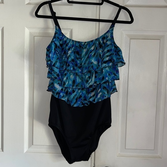 Inches Away Blue Mesh Layered Bodice One Piece Swimsuit - Picture 1 of 5